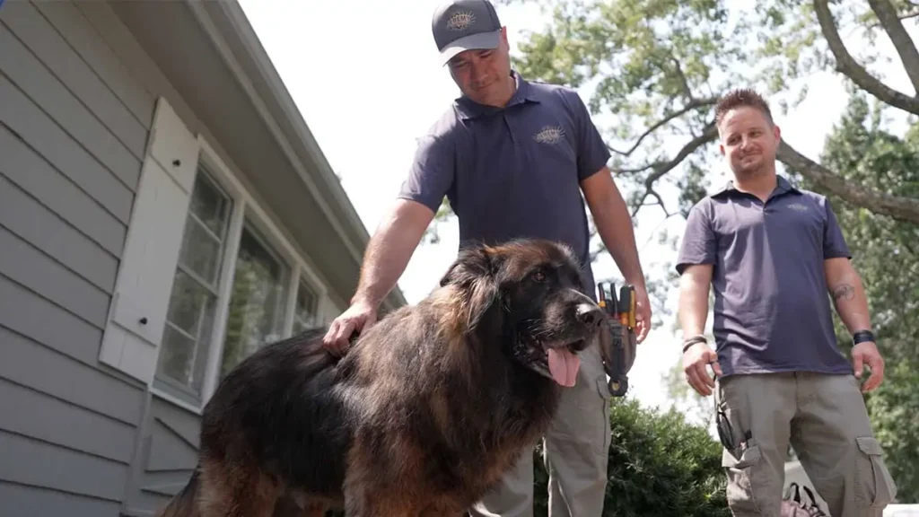 A pair of Jeremy Electrical technicians with a customer’s dog while performing service.