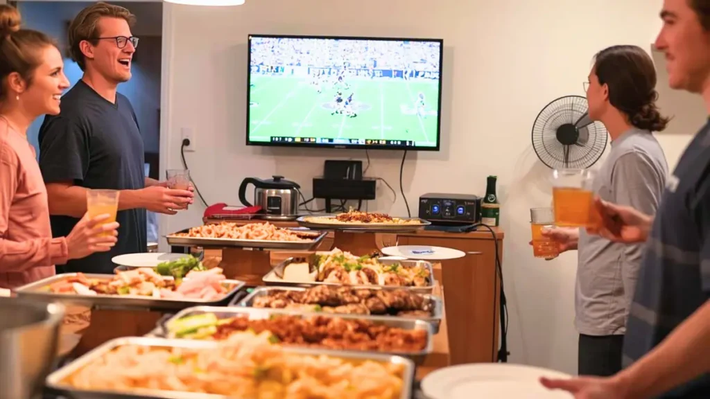 A Super Bowl watch party around a buffet-style table of snacks, well-lit from above.