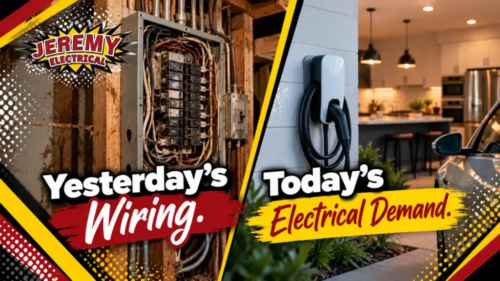 Older Kansas City home electrical wiring supporting modern electrical demand and EV charging, Jeremy Electrical